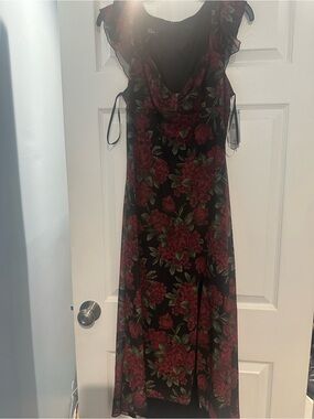 Black Floral Midi Dress with Red Rose Print